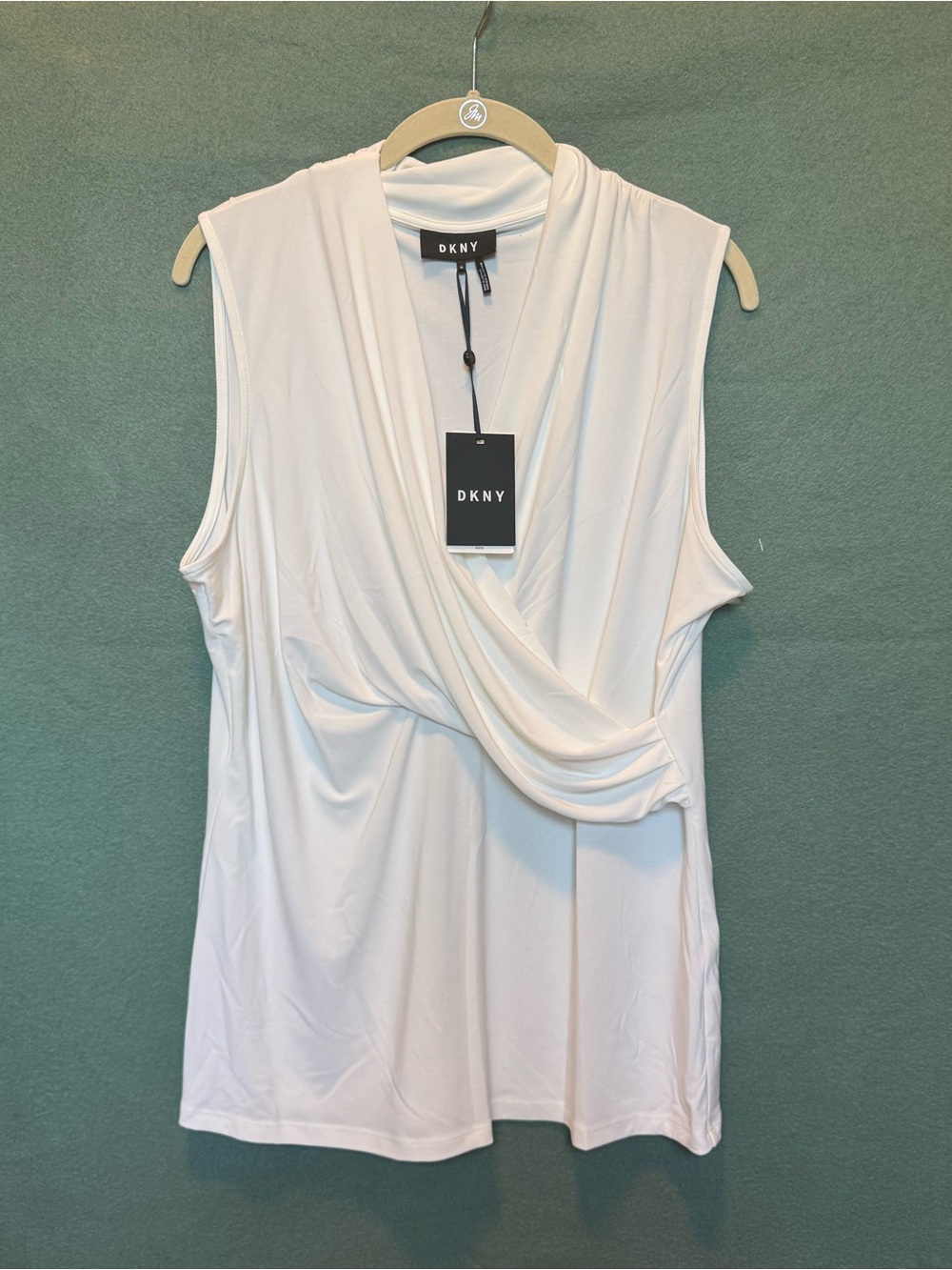 NWT DKNY Womens Sleeveless White Draped Faux Wrap Blouse Top Career Office Sz XL